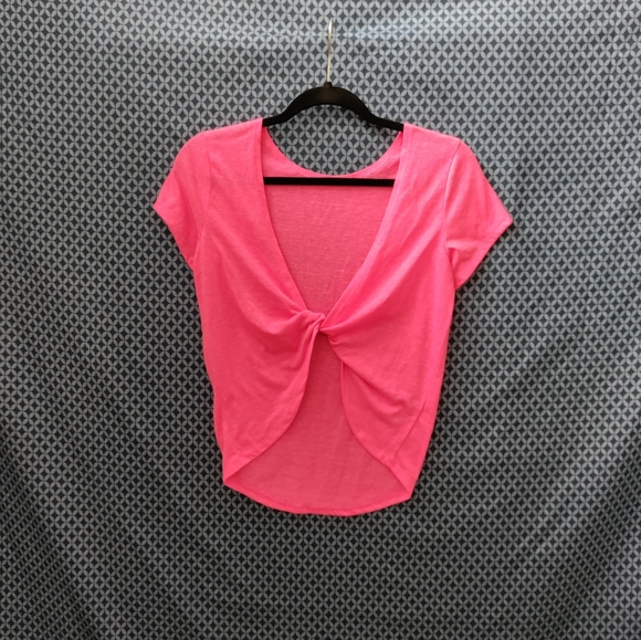JL - Junior's neon pink short sleeve crop top with twisted back. Size - S - Picture 6 of 6